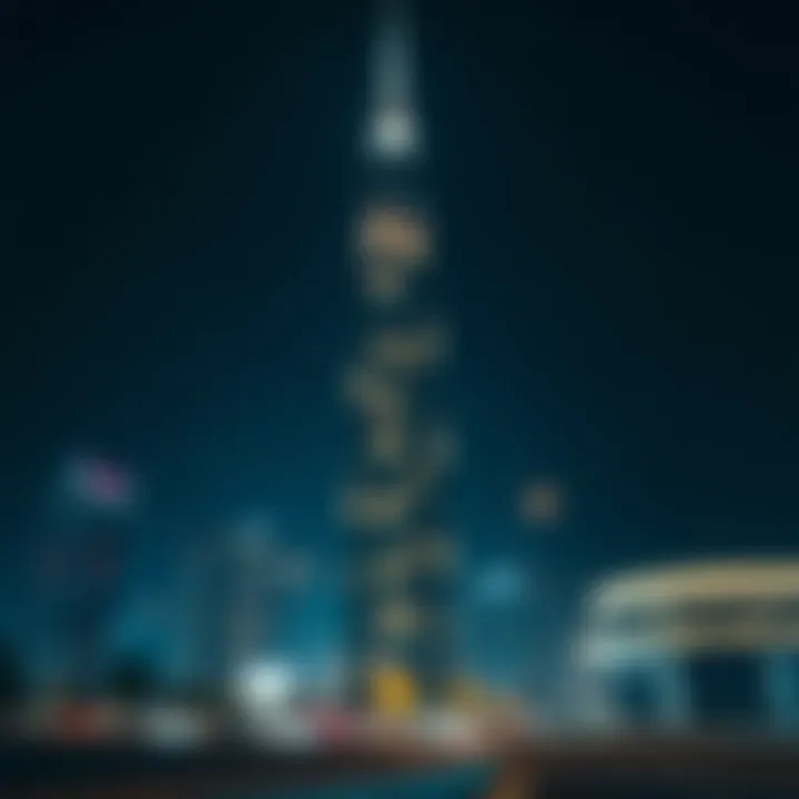 Nighttime illumination of Al Wasl Tower with city lights