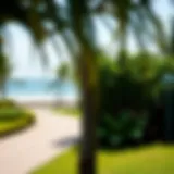 A serene beach park with lush greenery and sandy shores