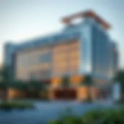 The modern exterior of Emirates Hospital Jumeirah showcasing its architectural elegance