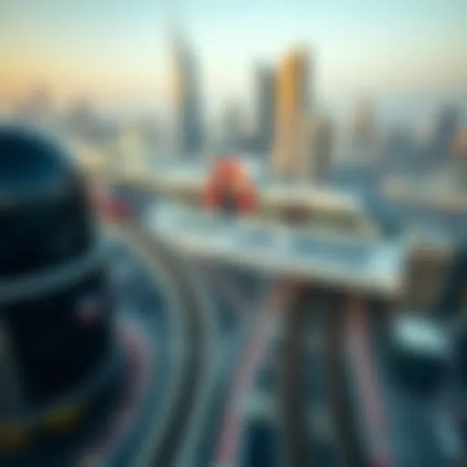 Aerial view showcasing the Red Line metro stations against Dubai's skyline