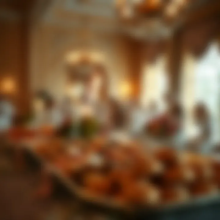 A festive gathering with Arabian sweets on display, embodying cultural celebration and tradition.