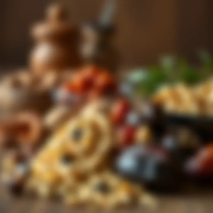Traditional Arabian sweet ingredients like dates, nuts, and spices arranged aesthetically.