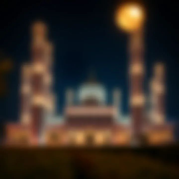 Night view of the JVC Mosque illuminated, symbolizing its central role in the community