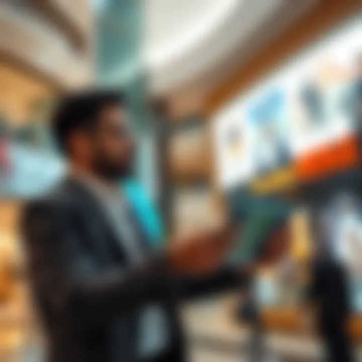 Real estate agent analyzing location data in front of a mall