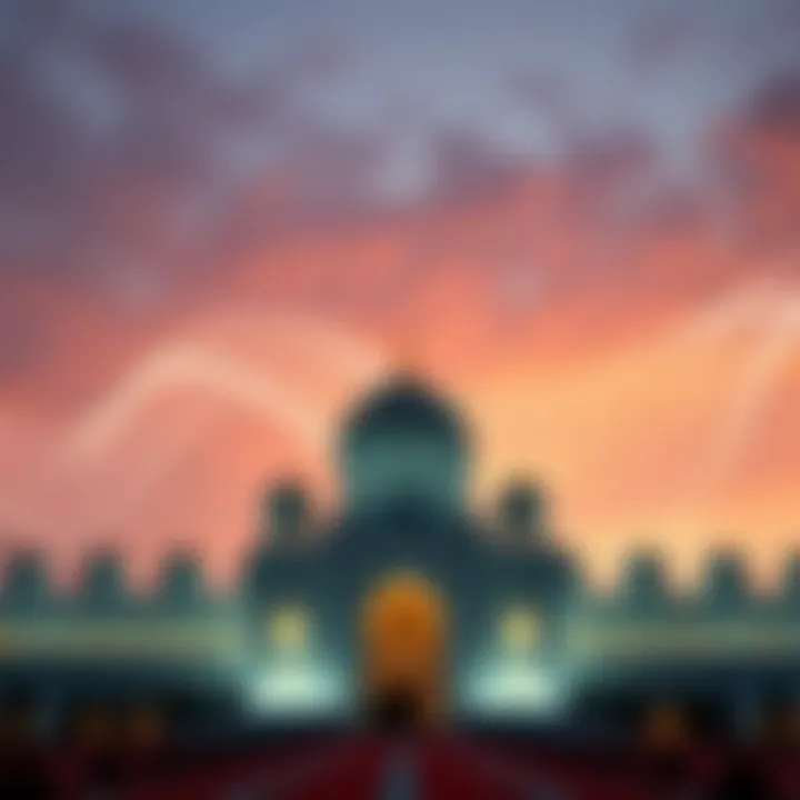 An artistic representation of the sound waves of the Adhan emanating from a mosque, symbolizing spiritual connection