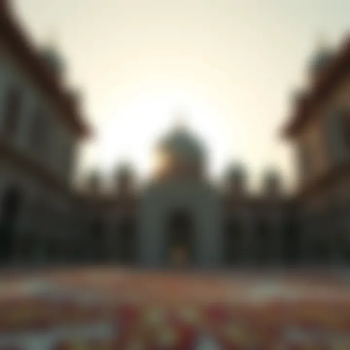 An intricately designed mosque showcasing the beauty of Islamic architecture against a backdrop of a rising sun