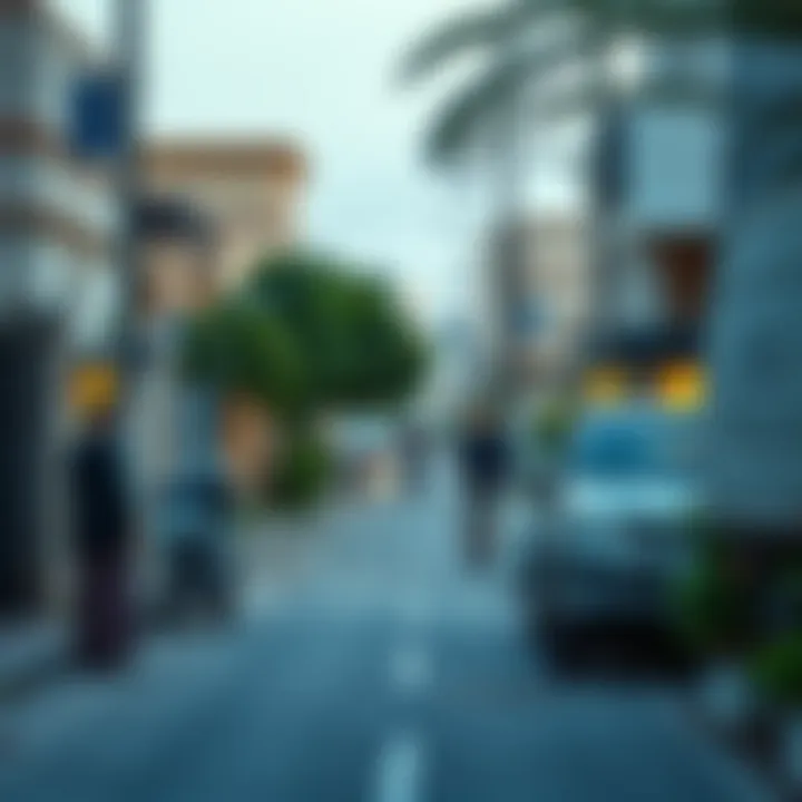 A tranquil neighborhood scene depicting local residents engaging in morning activities as the Adhan resonates through the streets