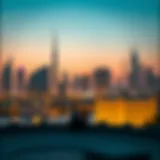 A serene view of Dubai's skyline at dawn with the first light of Fajr illuminating the buildings