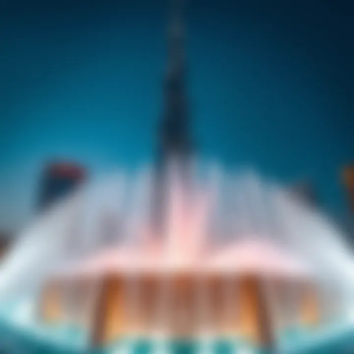 A panoramic view of the Burj Khalifa with the fountain in the foreground