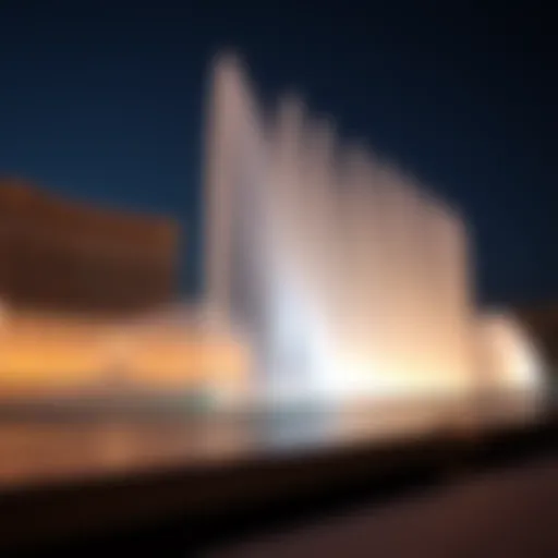 A stunning view of the Dubai Fountain illuminated at night