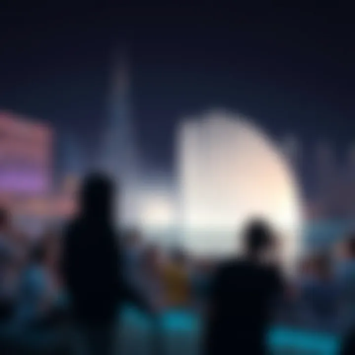 Visitors enjoying the Dubai Fountain show amidst the city skyline