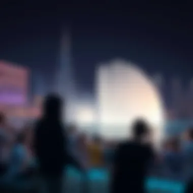 Engaging Audience: The Dubai Fountain Experience Visitors enjoying the Dubai Fountain show amidst the city skyline