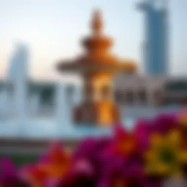 Cultural Significance: Fountain in Dubai's Heritage Historical depiction of Dubai's cultural heritage near the fountain